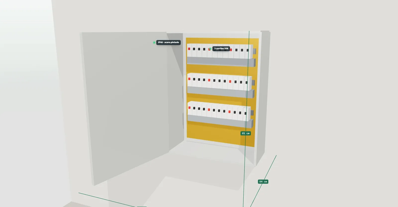 Armario eléctrico en 3D con etiquetas de detalle sobre protección IP66, material, cierre y placa de montaje interior