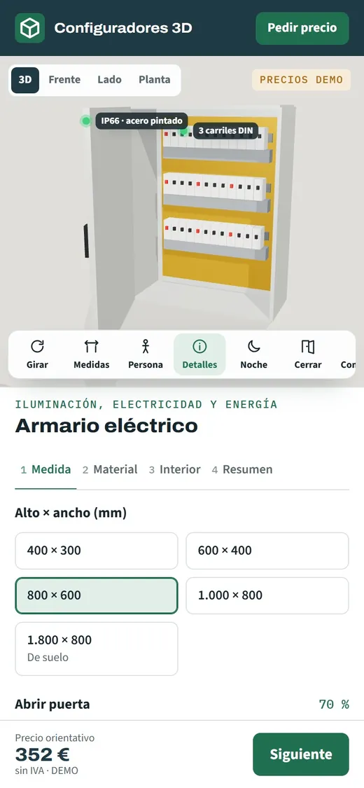 Configurador de armarios eléctricos en un teléfono móvil con el selector de material, protección IP y tipo de puerta