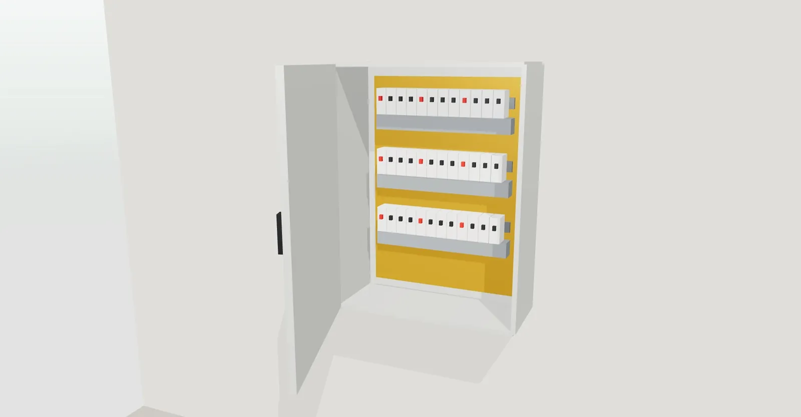 Armario eléctrico de pared en 3D con la puerta abierta, placa de montaje amarilla y tres filas de carril DIN con aparamenta