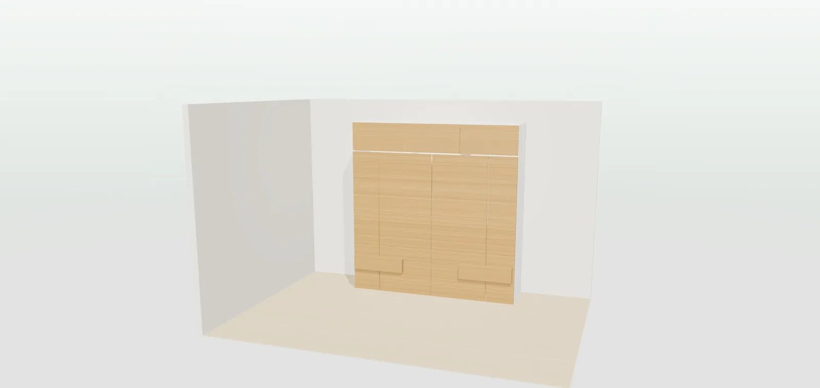 Armario con las puertas abiertas en 3D que deja ver la cajonera, la barra de colgar y la iluminación LED interior