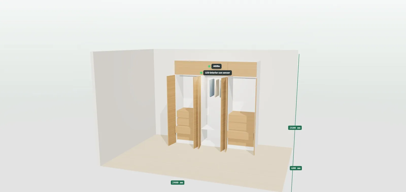 Armario en 3D con etiquetas que señalan el altillo con puertas, la barra de colgar y la tira LED con sensor