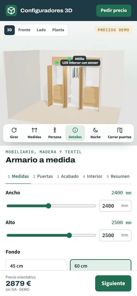 Configurador de armarios en un móvil con el armario en 3D y las opciones de acabado para decidirlo desde casa