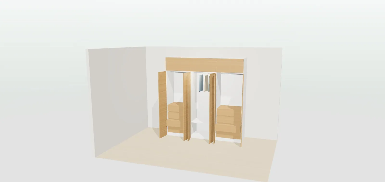 Armario a medida en roble natural con puertas batientes y altillo en el configurador 3D