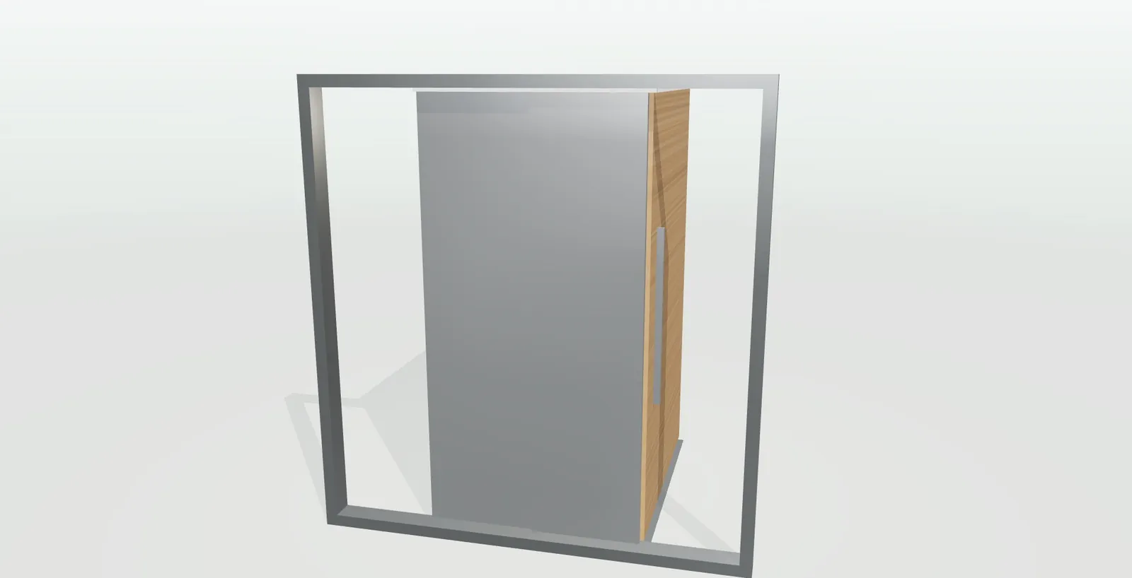 Cabina de ascensor en 3D con las puertas de inox abiertas, paredes de laminado madera y suelo de granito gris
