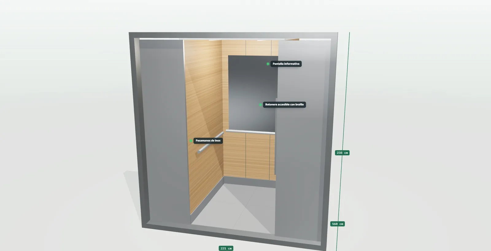 Detalle de la cabina en 3D con etiquetas del pasamanos, el asiento abatible, la botonera y la pantalla informativa