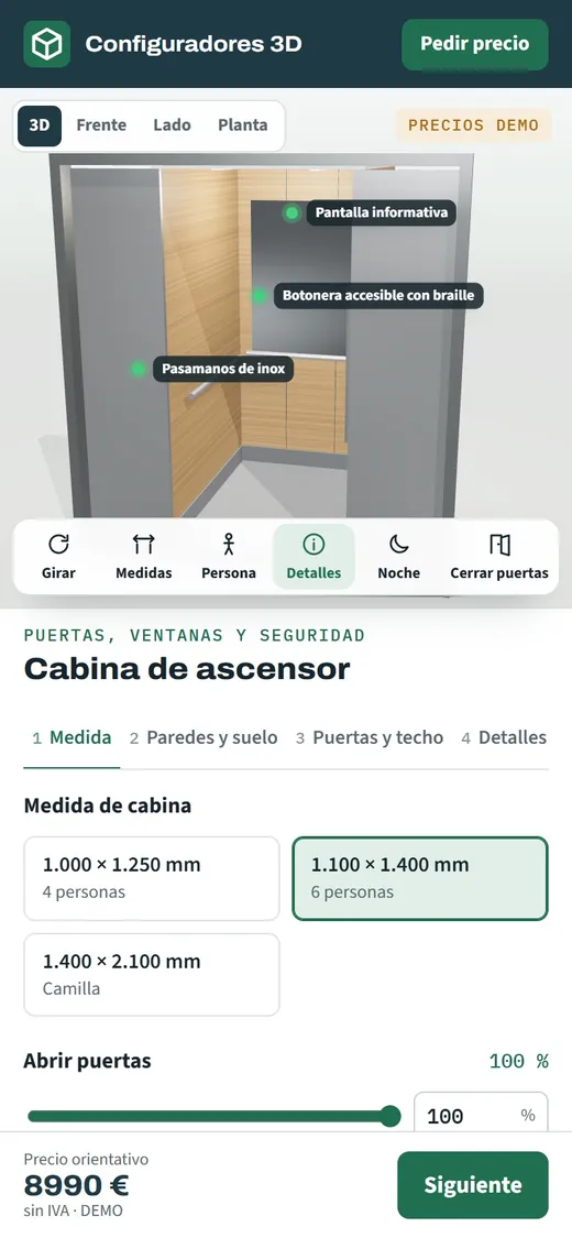 Configurador de cabinas de ascensor abierto en un móvil para que cada vecino revise la propuesta antes de la junta