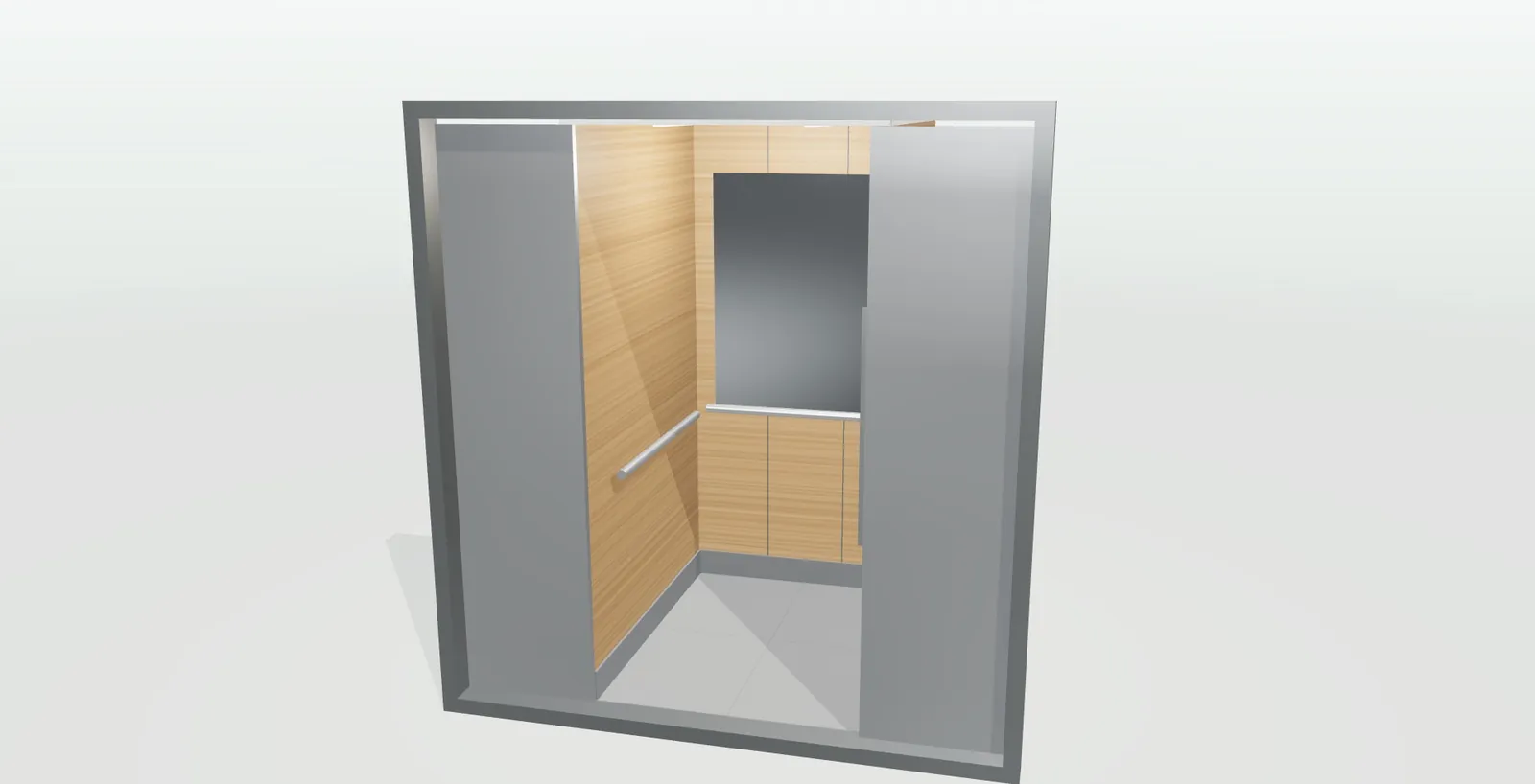 Cabina de ascensor con paredes de laminado madera, espejo al fondo, pasamanos y puertas de inox abiertas en el configurador 3D