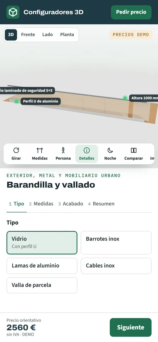 Pantalla de móvil con un tramo de barandilla en 3D y su precio orientativo, para revisarlo en obra delante del forjado