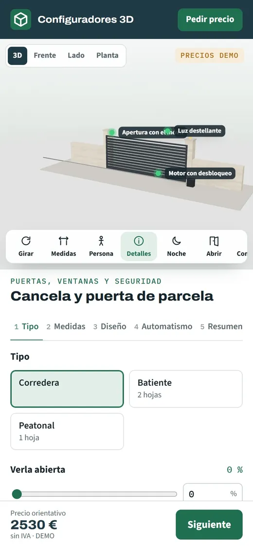 Configurador de cancelas en un móvil, preparado para ver la cancela a tamaño real en la entrada de la parcela