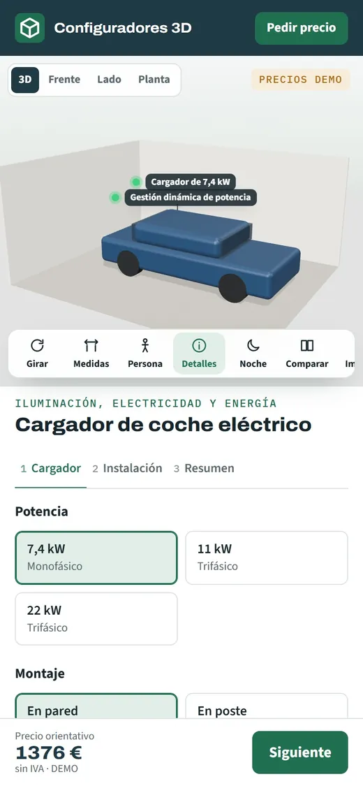 3D EV charger configurator from the demo open on a phone, with the charger in the parking space and the distance to the board in the options