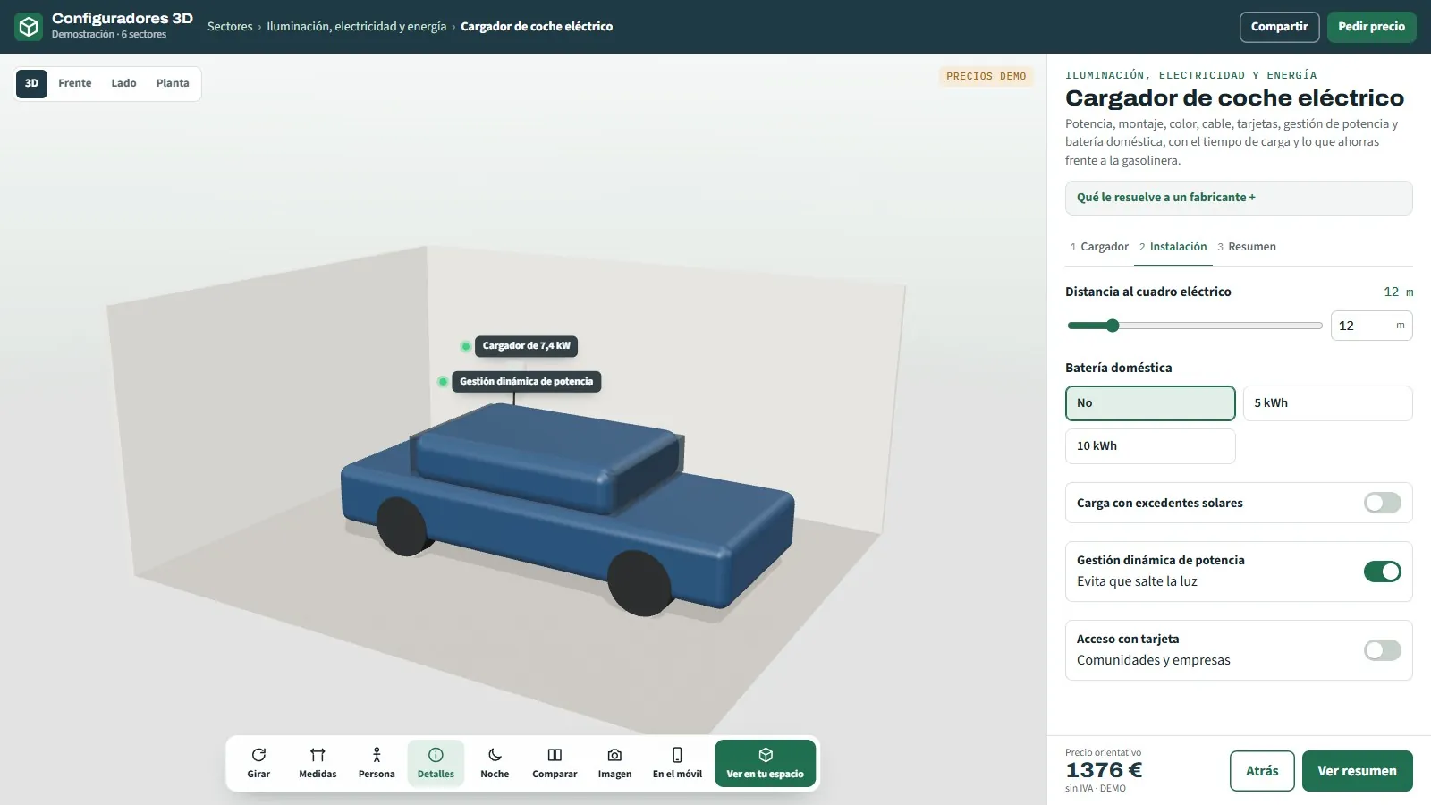 Configurador de cargadores de coche eléctrico con el coche en la plaza de garaje y opciones de distancia al cuadro, batería doméstica, excedentes solares, gestión de potencia y tarjeta