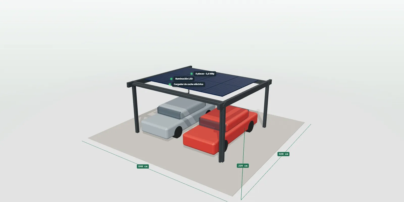 Marquesina solar de dos plazas en 3D con cotas y etiquetas de 8 placas y 3,6 kWp, iluminación LED y cargador de coche eléctrico