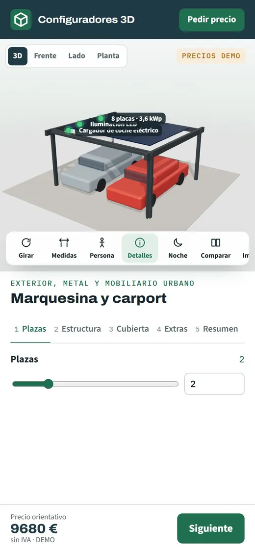 Móvil con el configurador de marquesinas y carports abierto: marquesina solar en 3D y precio orientativo en pantalla