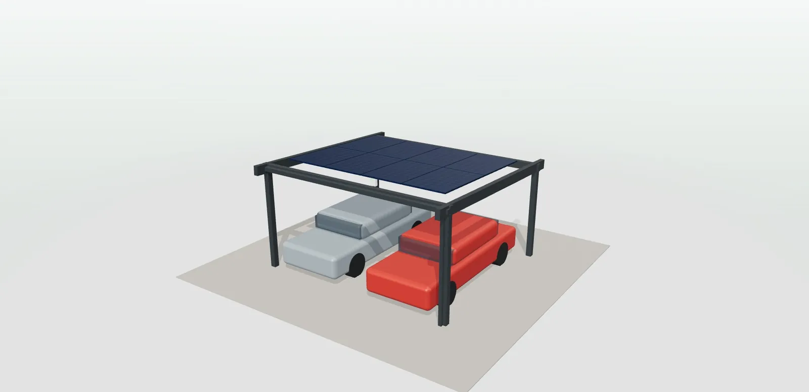 Marquesina de dos plazas con estructura antracita, cubierta de placas solares y dos coches debajo en el configurador 3D de marquesinas y carports