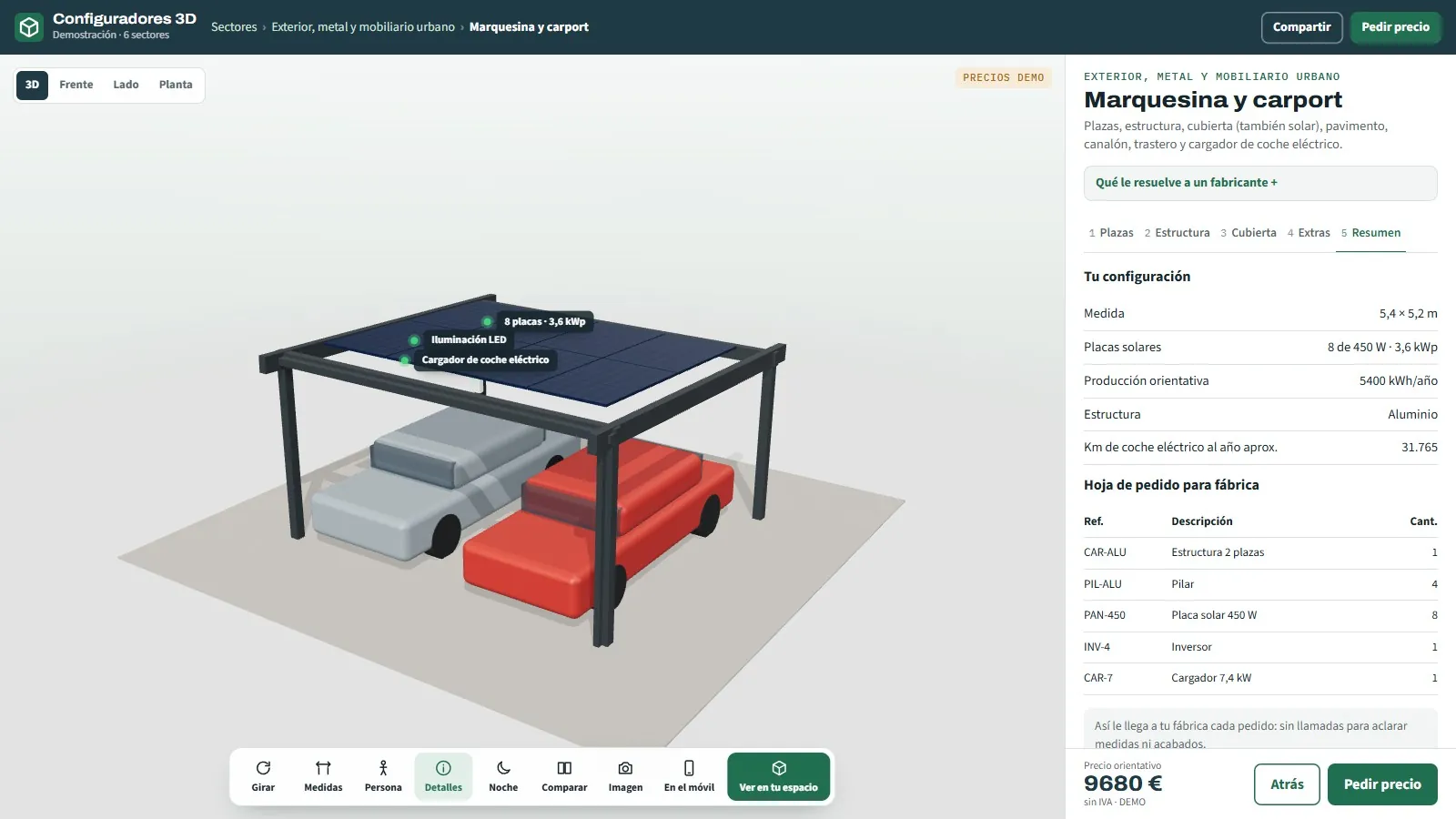 Resumen de un carport solar de dos plazas con placas, potencia, producción anual, precio orientativo y hoja de pedido