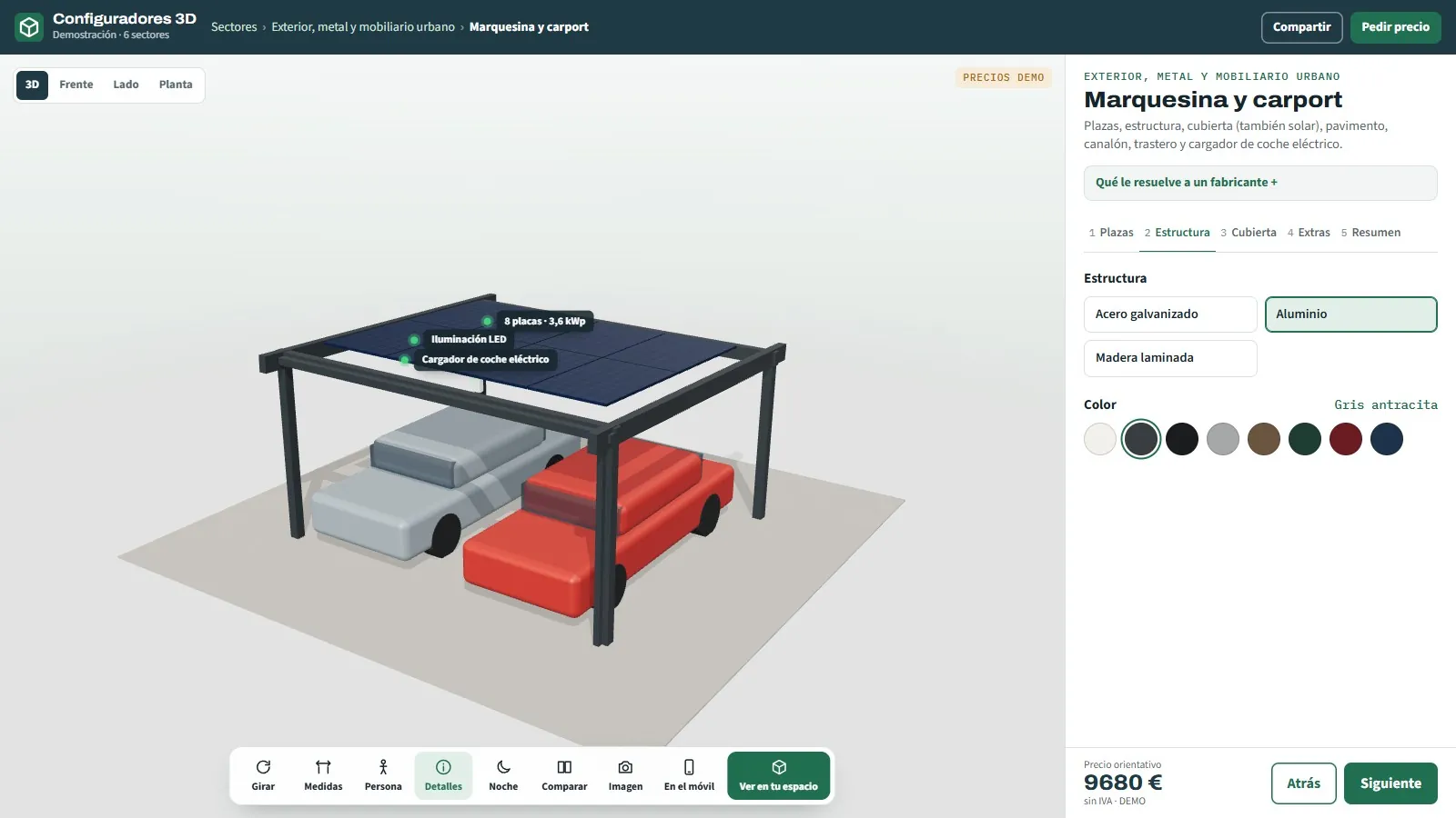 Pantalla del configurador de marquesinas con plazas, estructura, cubierta de placas solares y extras seleccionados