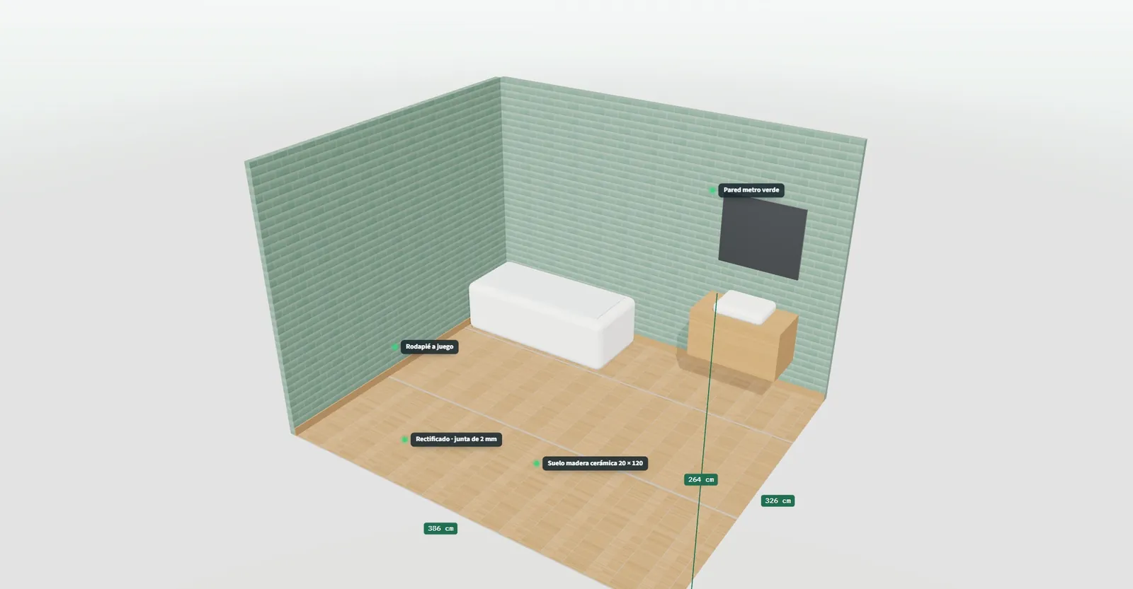 Estancia en 3D con etiquetas sobre el suelo, la pared, la junta y el rodapié que indican cada material elegido