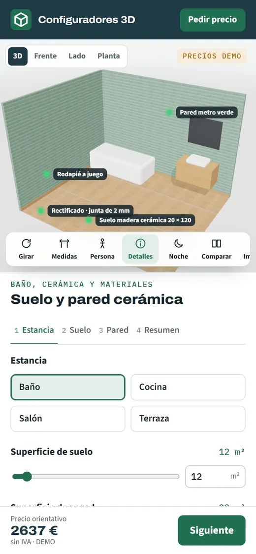 Móvil con el configurador de cerámica: la estancia en 3D arriba y el selector de acabados de suelo y pared debajo
