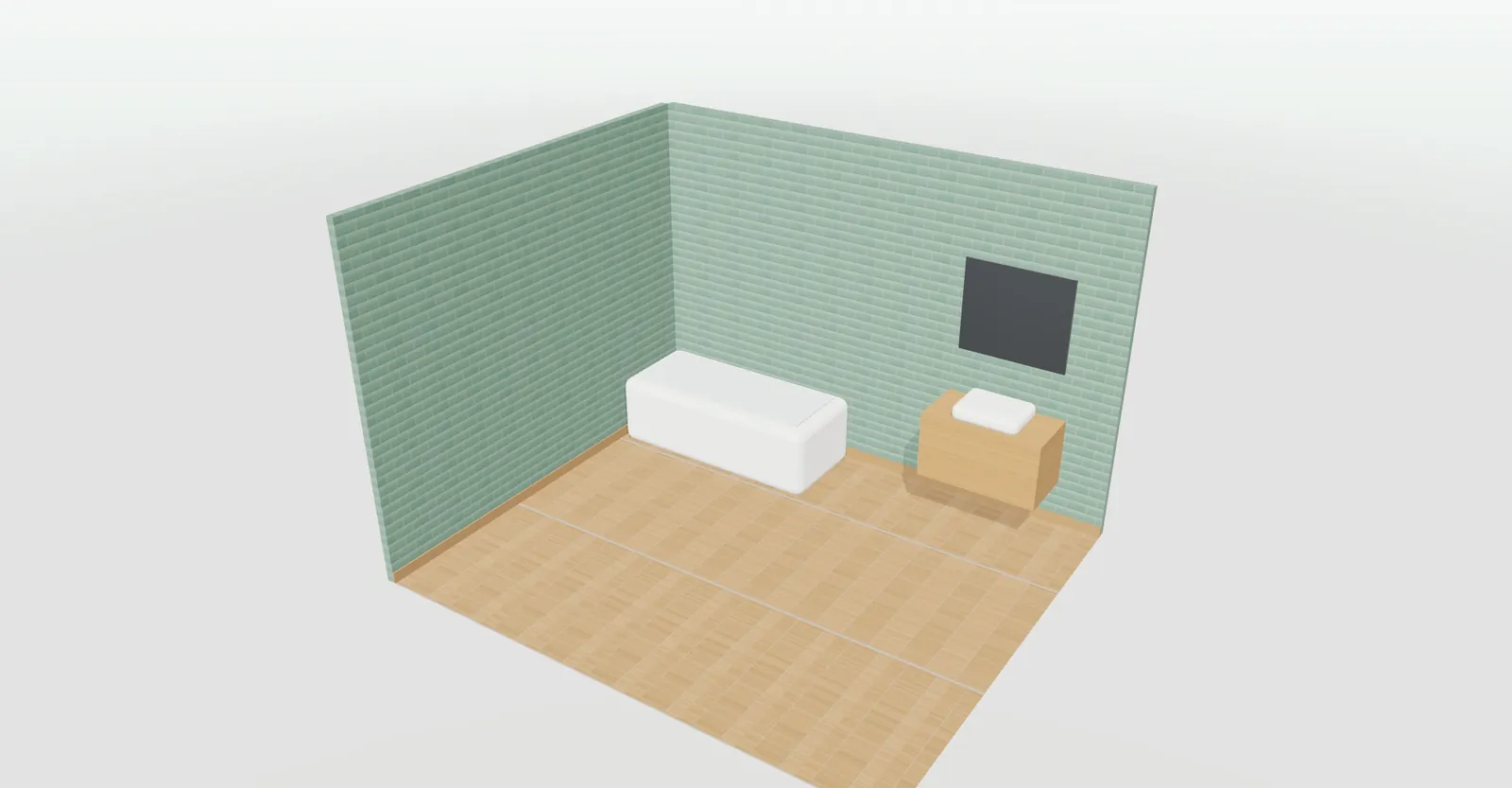 Baño en 3D con suelo de madera cerámica 20 × 120 trabada, pared en metro verde y junta gris en el configurador de cerámica