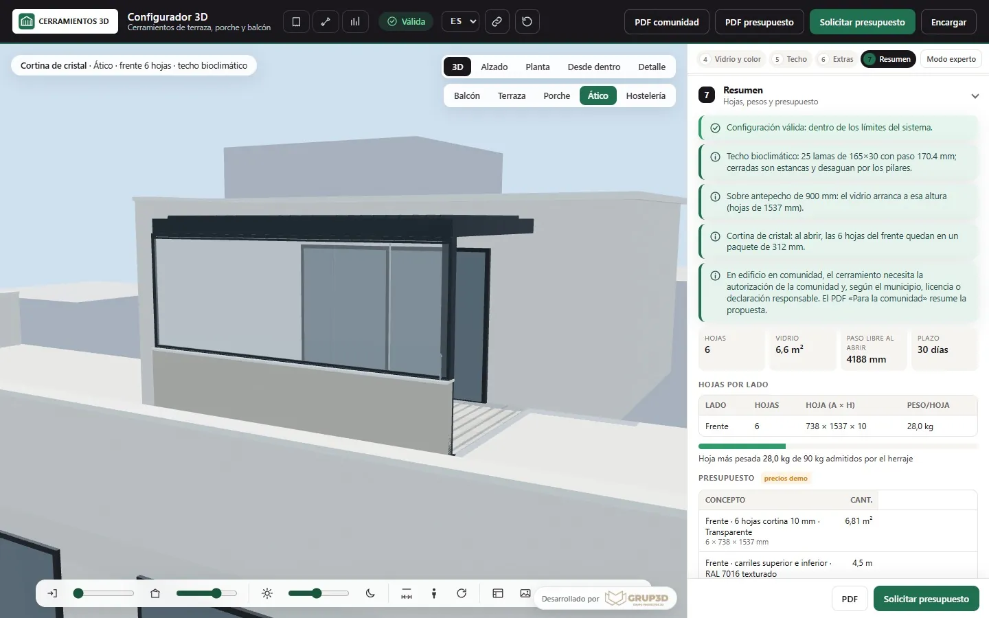Resumen del configurador de cerramientos con el botón del PDF para la comunidad de propietarios y el presupuesto
