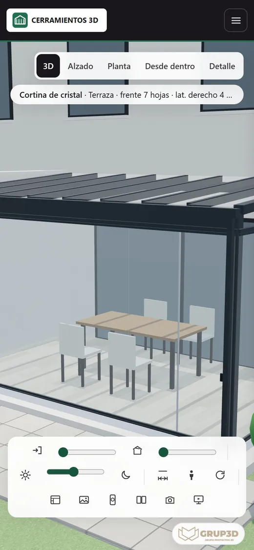 3D terrace enclosure configurator from the Grup3D demo open on a phone, with the enclosure in 3D and the panel steps: the configurator the installer uses on site