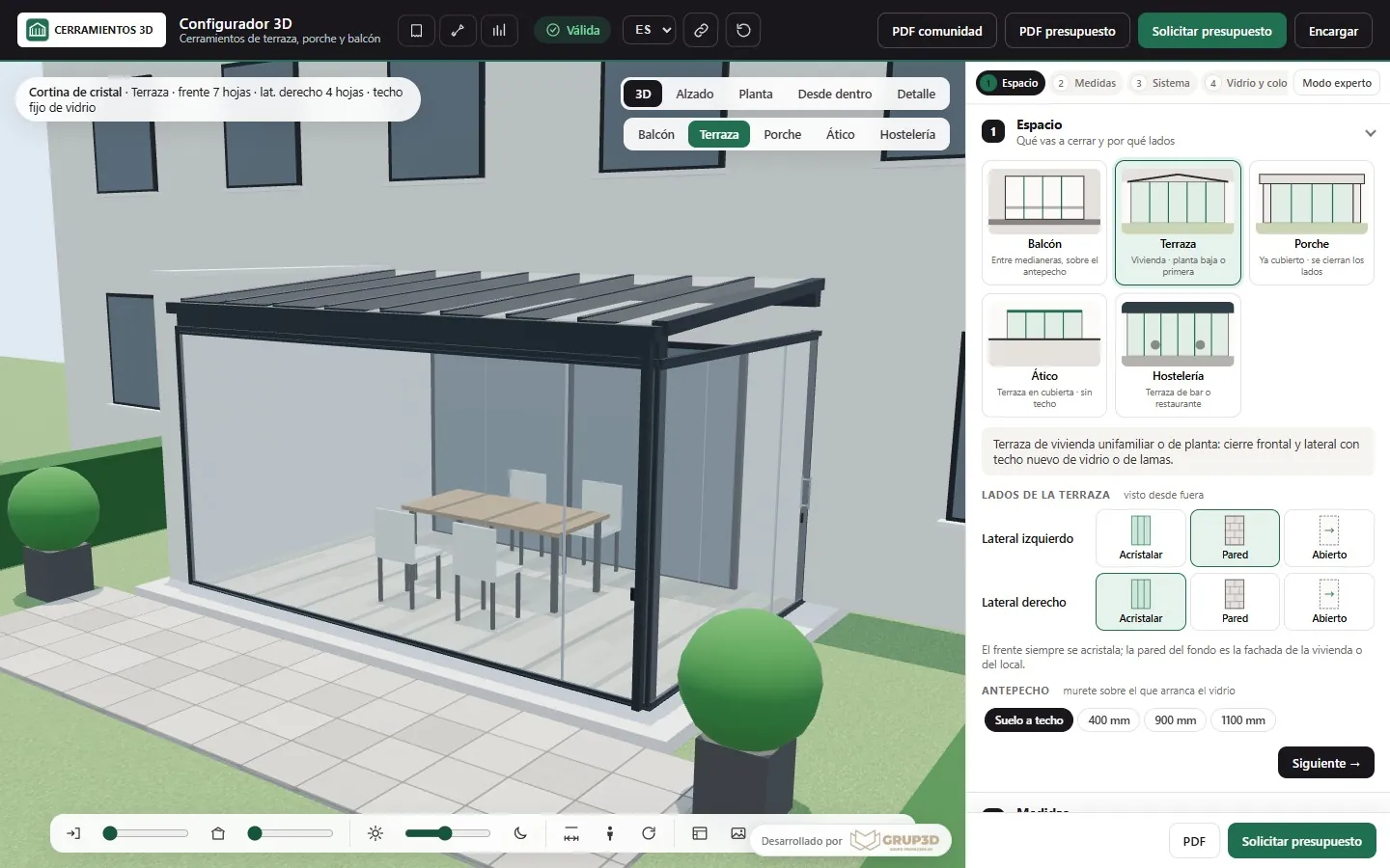 Configurador 3D de cerramientos en el paso «Espacio»: balcón, terraza, porche, ático u hostelería, y qué lados se cierran