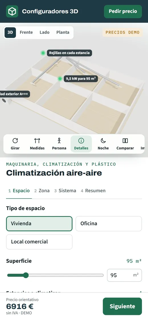 Configurador de climatización abierto en el móvil, con la vivienda en 3D y el resumen de potencia y consumo