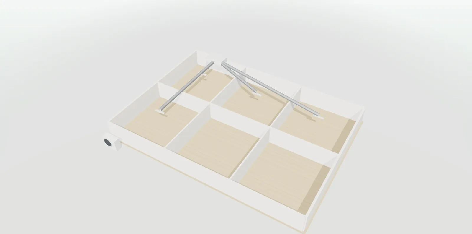 Vivienda en 3D vista desde arriba con climatización por conductos, rejillas en cada estancia y unidad exterior