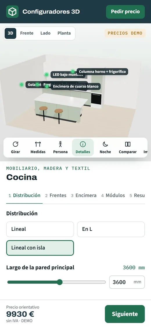 Configurador de cocinas abierto en un móvil con la cocina con isla en 3D y el código QR para verla en casa