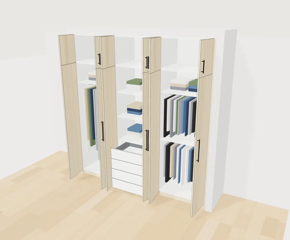 Armario empotrado con las puertas abiertas en 3D, con zona de colgar, baldas y cajonera interior, en el configurador de armarios de Grup3D