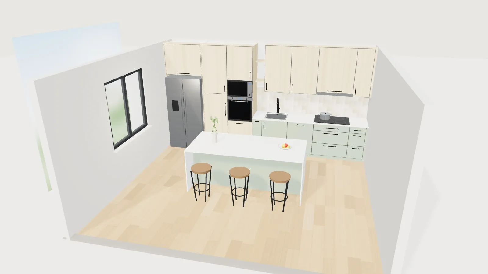 Cocina lineal con isla de encimera blanca y taburetes, frigorífico americano y columnas de horno en el configurador 3D