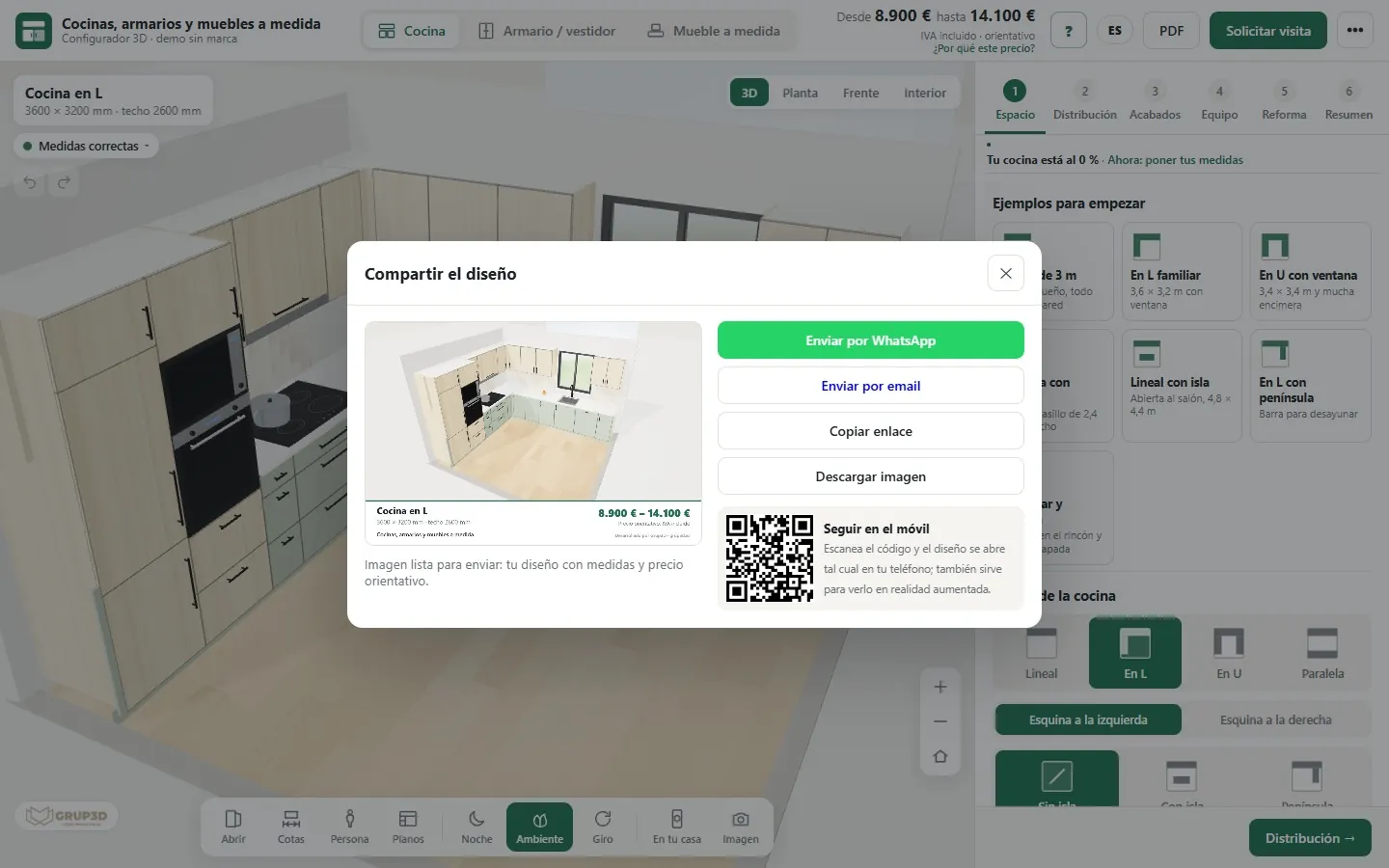 Share-by-WhatsApp and QR code screen of the 3D kitchen configurator from the Grup3D demo, with the link preview