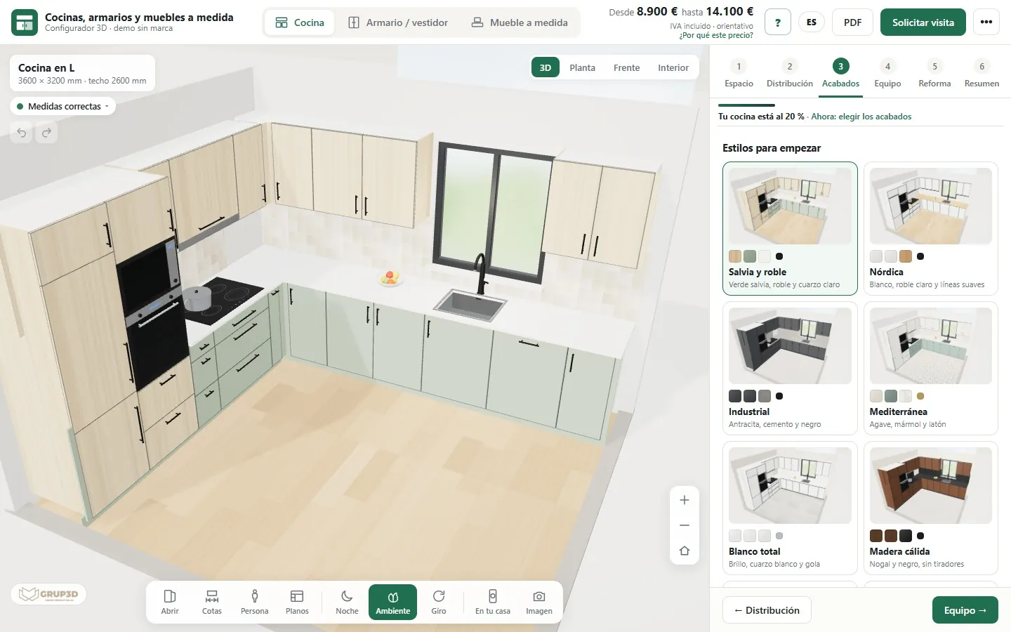 A Grup3D 3D configurator with a kitchen on screen and the finishes panel open, an example of the work of the 3D configurator company for manufacturers