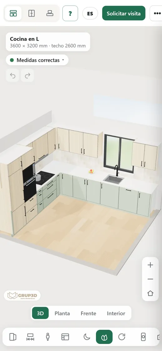 3D kitchen and wardrobe configurator from the Grup3D demo embedded in a page and open on a phone