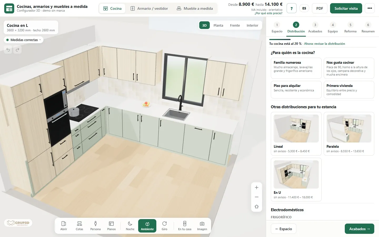 Paso de distribución del configurador de cocinas con perfiles de cliente y tres distribuciones alternativas con su miniatura y su precio