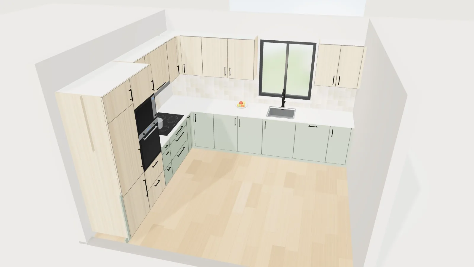 L-shaped kitchen configured in 3D in the kitchen and wardrobe configurator of the Grup3D demo