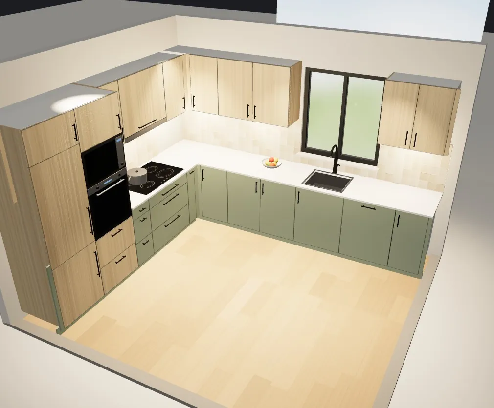 Cocina en 3D de noche con la iluminación LED bajo los muebles altos y los focos del techo encendidos