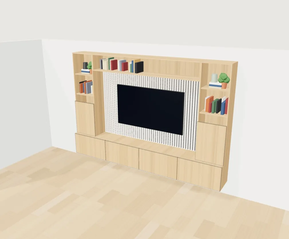 Mueble de salón a medida en madera clara con hueco para la televisión, panel de listones y estantes, en el configurador 3D de cocinas, armarios y muebles a medida