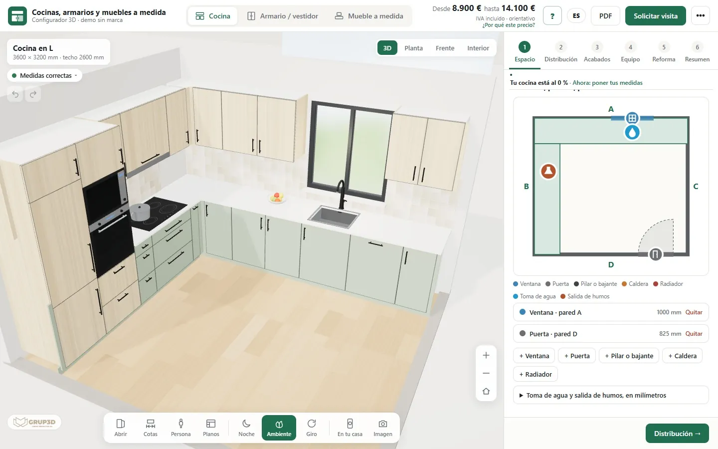 A Grup3D 3D configurator at the measurements step, with the room plan and the options panel, illustrating the frequently asked questions about 3D configurators
