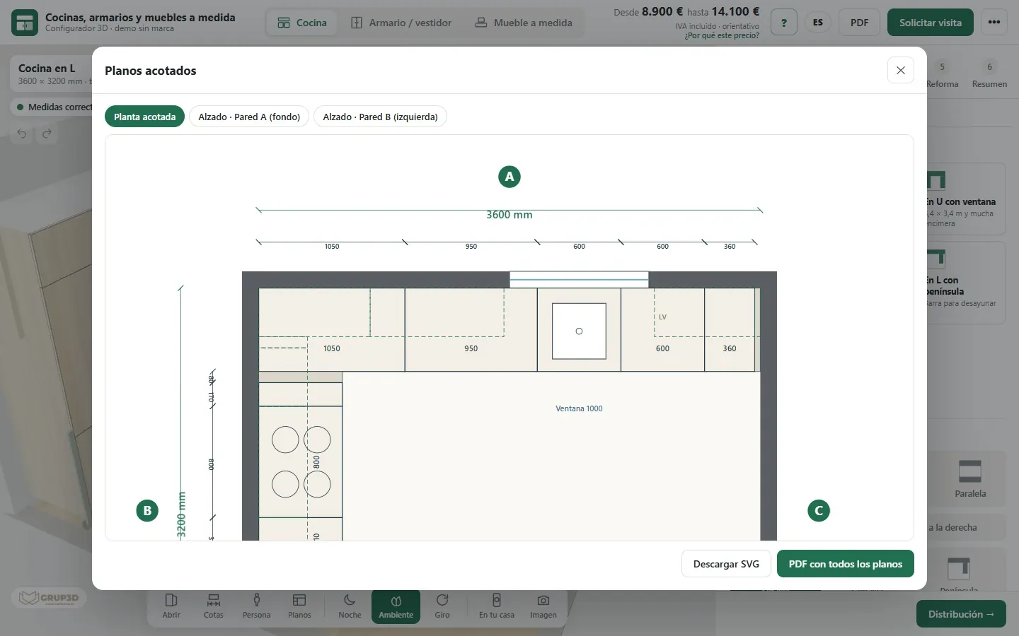 Planos acotados de alzado y planta generados por el configurador 3D de cocinas de la demo