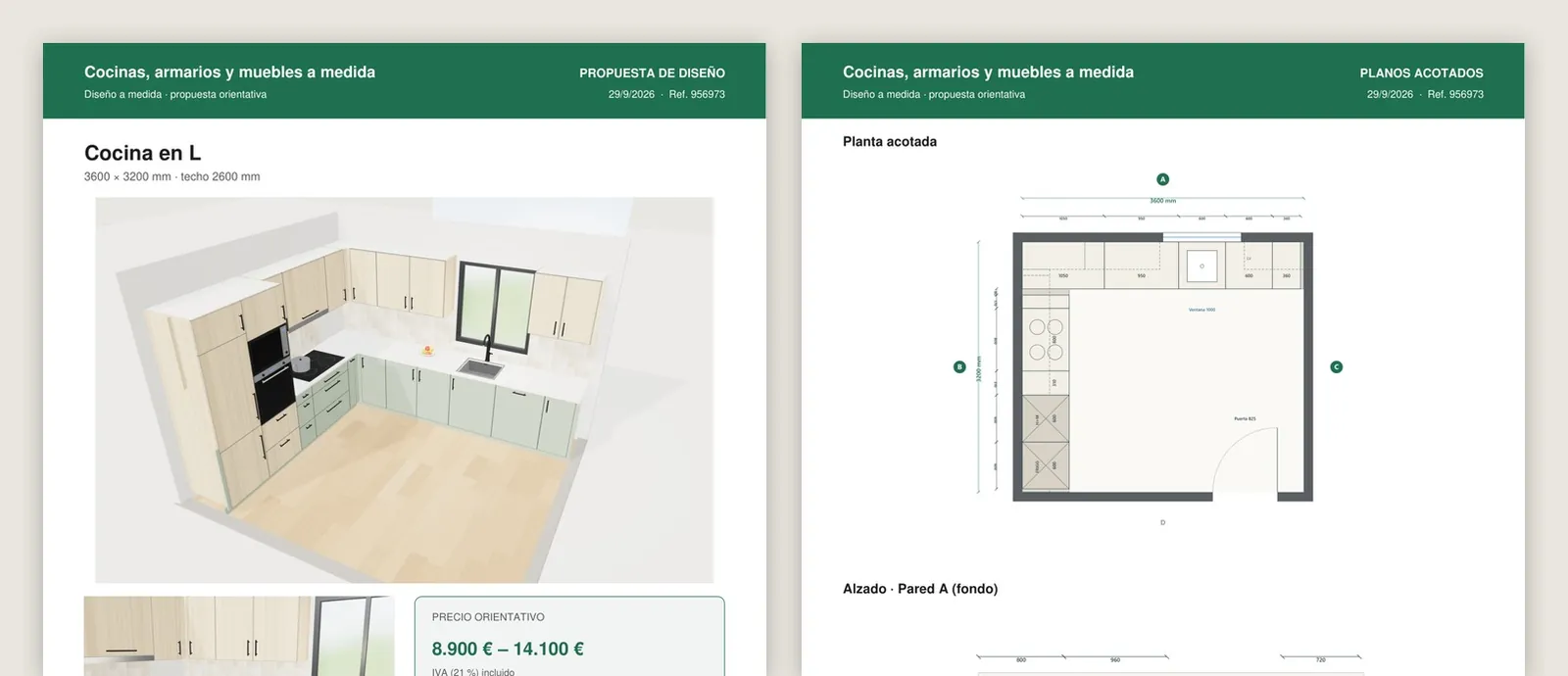 Propuesta en PDF del configurador de cocinas con la imagen del diseño, el precio orientativo, la planta acotada y el alzado de una pared
