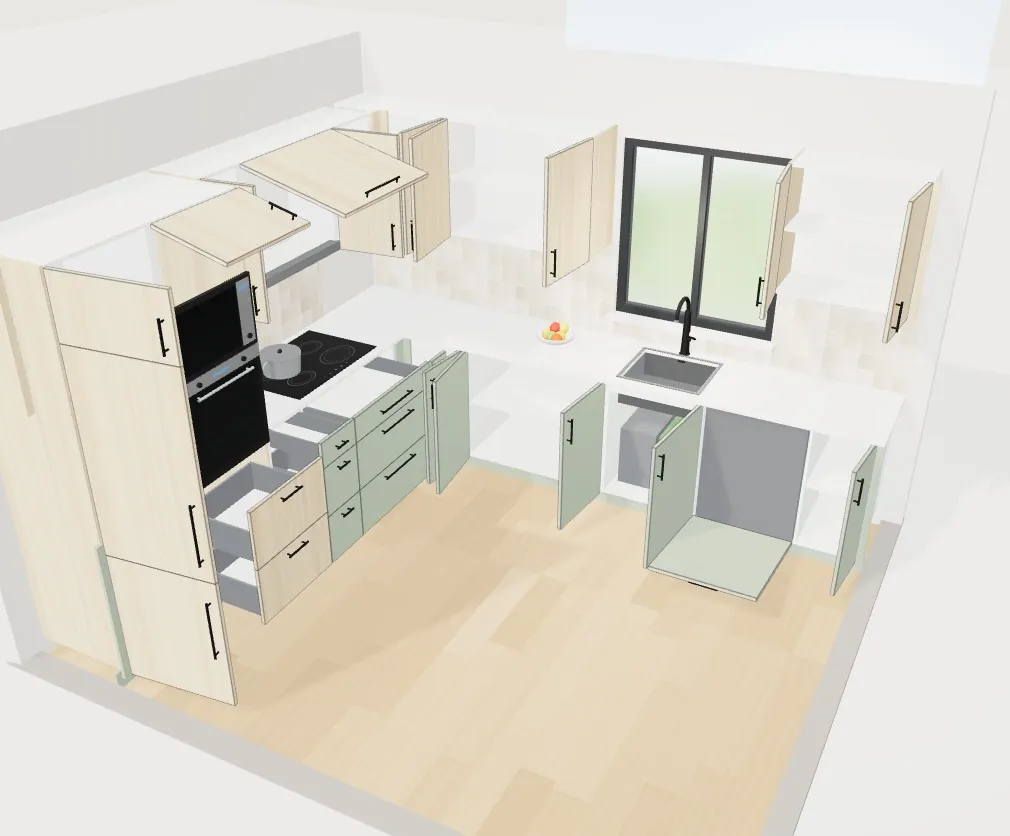 Cocina en 3D del configurador de Grup3D con todas las puertas y cajones abiertos a la vez, la comprobación que las pruebas automáticas repiten en cientos de configuraciones