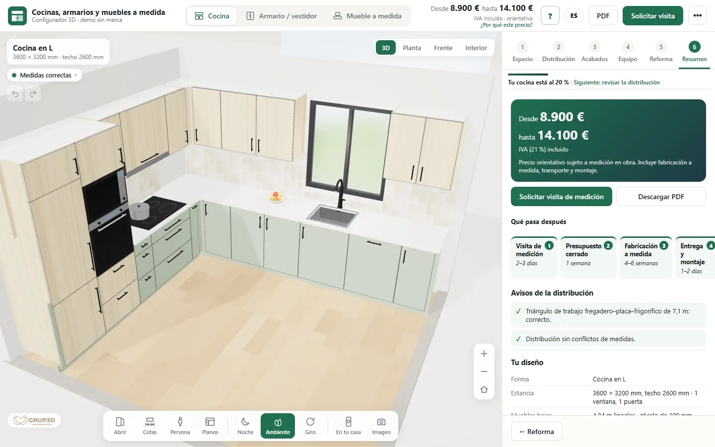 Summary and lead times screen of the 3D kitchen and wardrobe configurator from the Grup3D demo, with the configured kitchen and the next steps