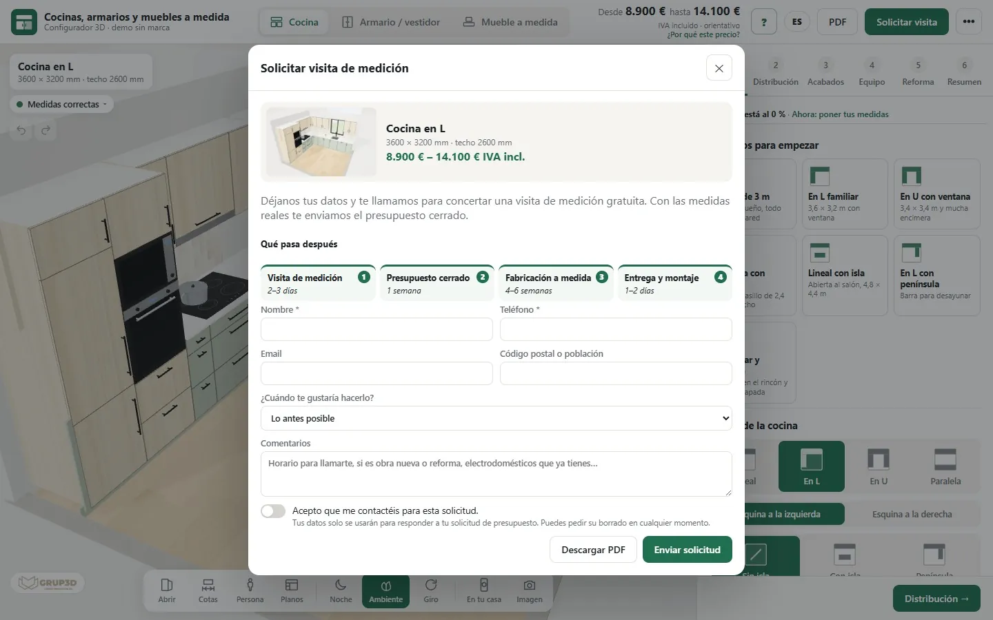 Request form from the kitchen configurator of the Grup3D demo, with the configuration already done and the customer's details: this is how a lead arrives from a 3D configurator