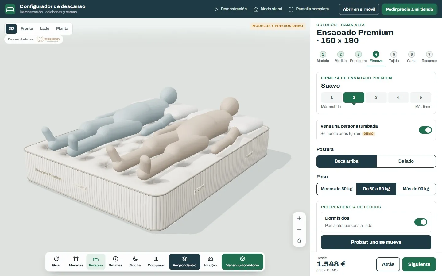 Dos personas tumbadas en el mismo colchón en 3D, cada una con su peso, para ver cuánto se hunde y cuánto se nota el movimiento