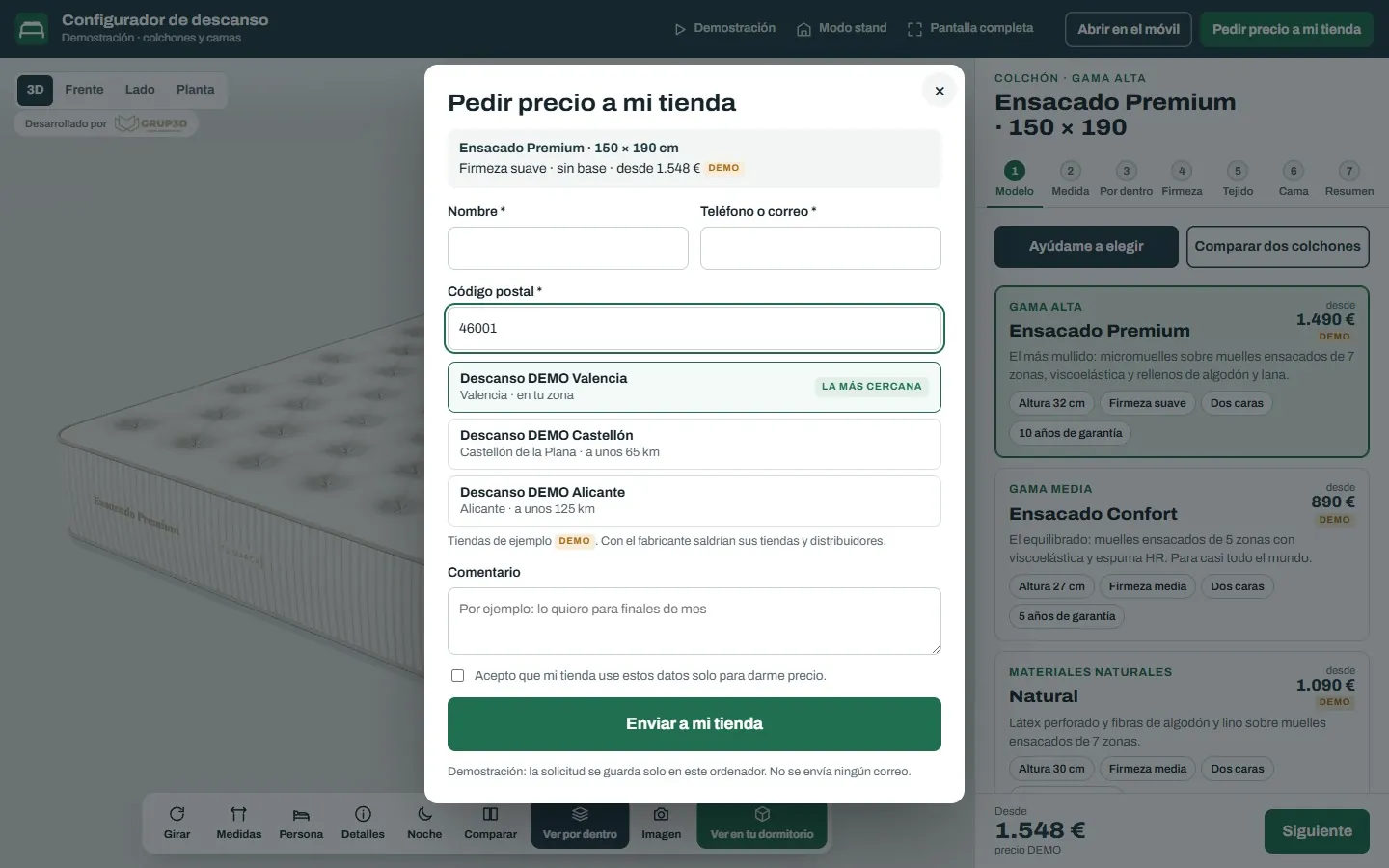 Buscador de la tienda más cercana del configurador de colchones con el código postal y las tres tiendas más próximas