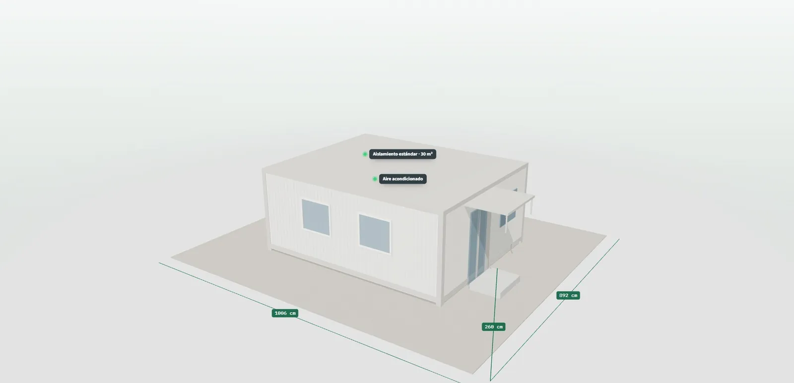 Módulo prefabricado en 3D con etiquetas de detalle sobre sus elementos y los datos técnicos del conjunto elegido