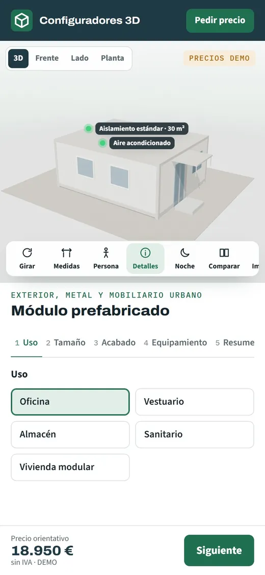 Configurador de módulos prefabricados abierto en un teléfono móvil con el conjunto en 3D y su precio orientativo