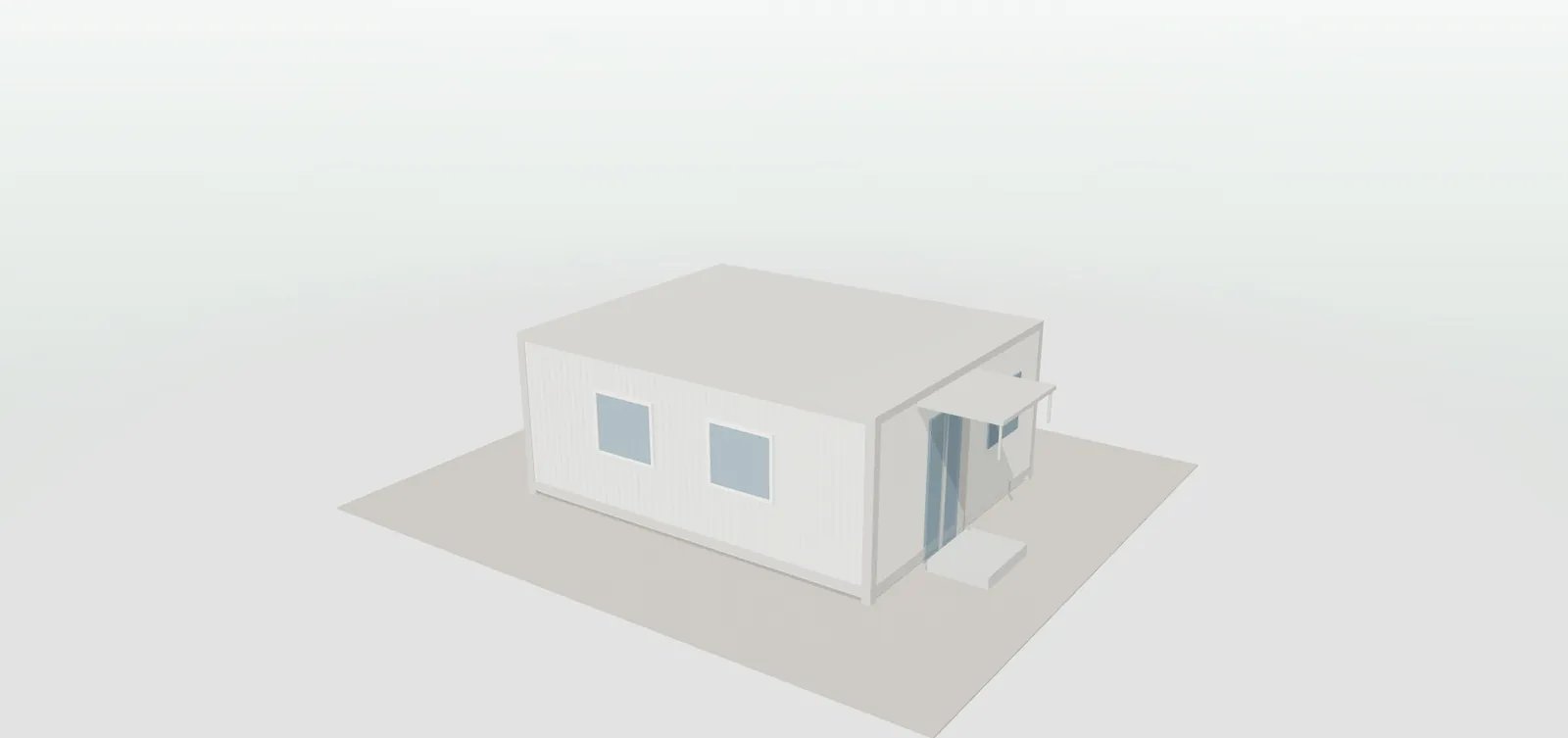 Módulo prefabricado de oficina en blanco con dos ventanas, puerta de cristal y porche, en el configurador 3D de módulos prefabricados