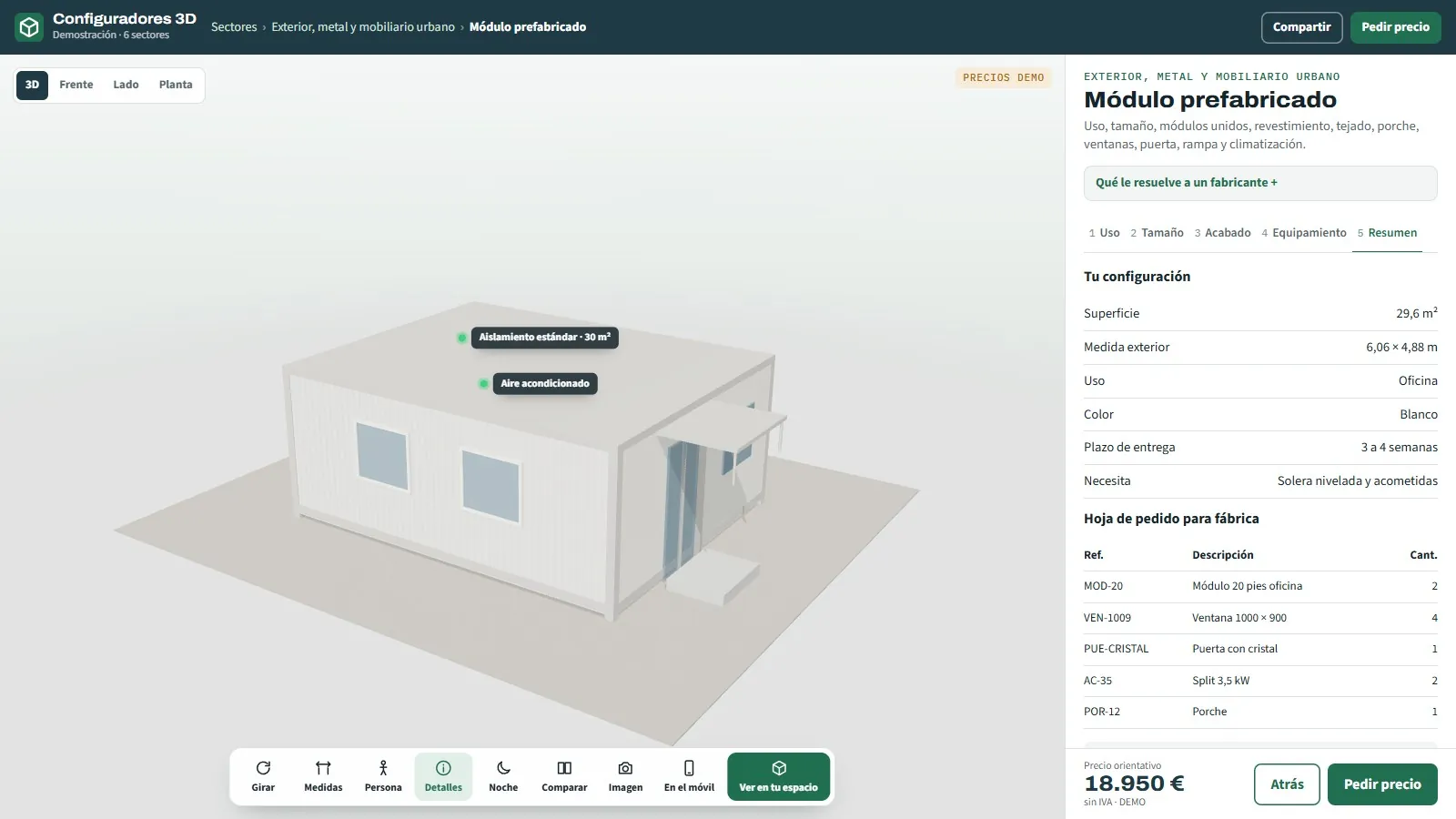 Resumen de dos módulos prefabricados de oficina en el configurador: superficie, medida exterior, plazo de entrega, necesidad de solera nivelada y acometidas, y hoja de pedido para fábrica con módulos, ventanas, puerta, aire acondicionado y porche